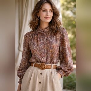 Vintage Brown and Cream Long Sleeve Button Down Shirt Petite Size Small